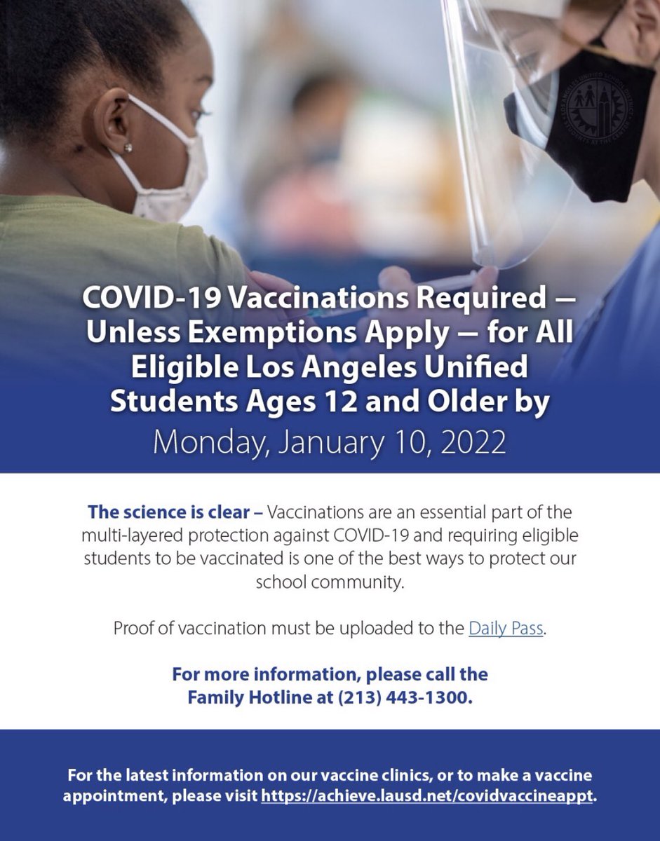 Student COVID vaccines being offered at the following schools September 20th-23rd . Make your appointment on dailypass.lausd.net FULTON COLLEGE PREP, GRANT SH, NO HOLLYWOOD SH ,PANORAMA SH, POLYTECHNIC SH, SAN FERNANDO MS, & SYLMAR CHARTER HS