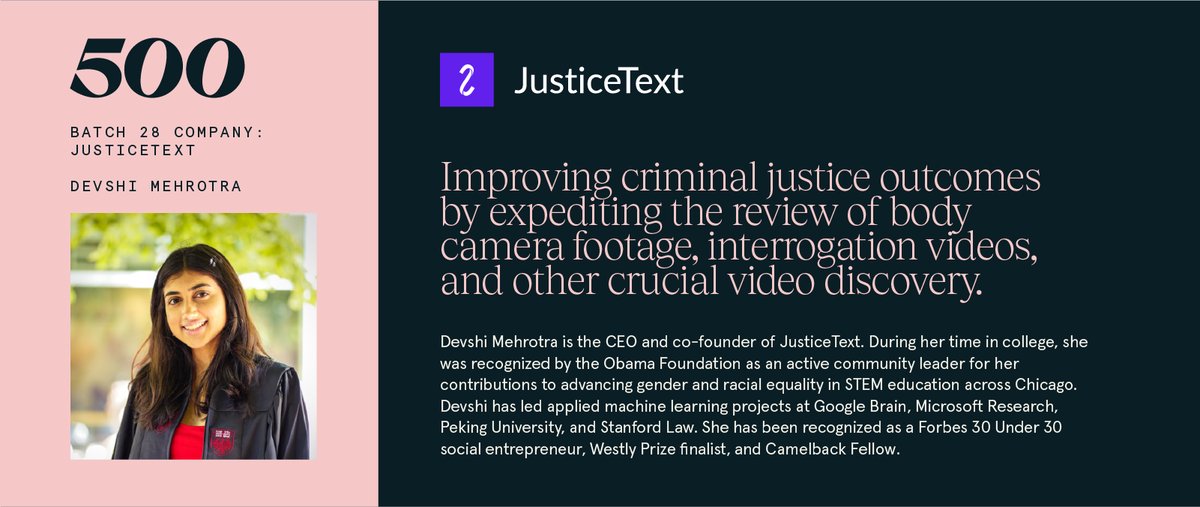 500GlobalVC's tweet image. @JusticeText is at #500DigitalDemoDay! JusticeText helps improve criminal justice outcomes by expediting the review of body camera footage, interrogation videos, &amp;amp; other crucial video discovery. #b28demoday

Watch now: bit.ly/3zbqVxz
Learn more: bit.ly/3AmBwac