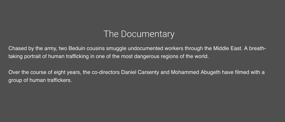 devilsdrivers's tweet photo. Chased by the army, two Beduin cousins smuggle undocumented workers through the Middle East. A breath-taking portrait of human trafficking in one of the most dangerous regions of the world. 1/2
 
PS: Click here if you would like to support us: 
https://t.co/D8x092Gghj https://t.co/6QjuCnu1k8