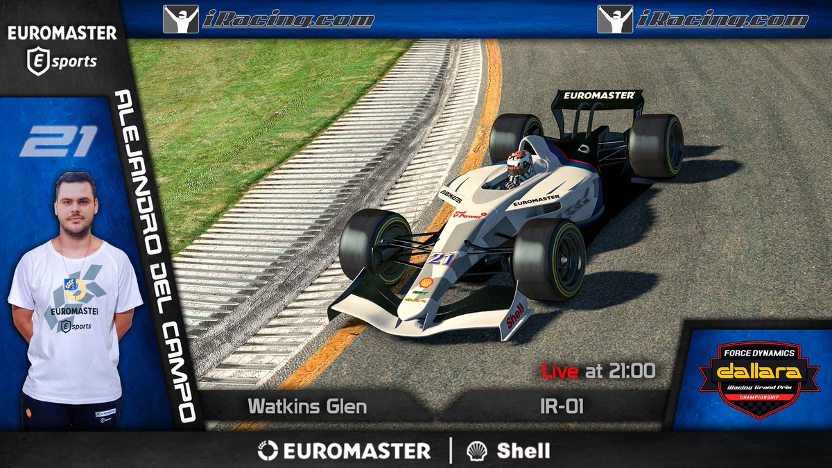 🏁 Campeonato oficial de <a href="/iRacing/">iRacing</a> para esta noche 🏁

💯 Tendremos a <a href="/alexdc_8/">Alejandro</a> debutando con nuestros colores en una competición mundial de altísimo nivel 💯

🔝 Os esperamos a las 21.00h por Twitch.tv/iRacing para que le apoyéis 🔝

🎖️Suerte Alex🎖️

<a href="/Euromaster_es/">@euromaster_es</a> <a href="/Shell/">Shell</a>