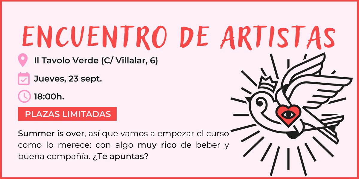 Llamada a #ARTISTAS! 👉🏽 
El próximo jueves 23, a las 18h, os invitamos a <a href="/iltavoloverde/">Il Tavolo Verde</a> para superar juntas la vuelta a la rutina con algo (rico) de beber y buena compañía. Nosotras aseguramos el ambientazo y la bebida 👀

🔴PLAZAS LIMITADAS! 
Apúntate: acortar.link/s8JcOQ