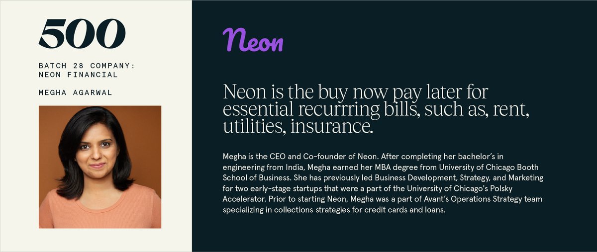 500GlobalVC's tweet image. @NeonFinancial is presenting now at #500DigitalDemoDay! Neon Financial is the buy now pay later for essential recurring bills, such as rent, utilities, insurance. Tune in to watch their pitch. #b28demoday

Watch now: bit.ly/3zbqVxz
Learn more: bit.ly/2XpGDYp