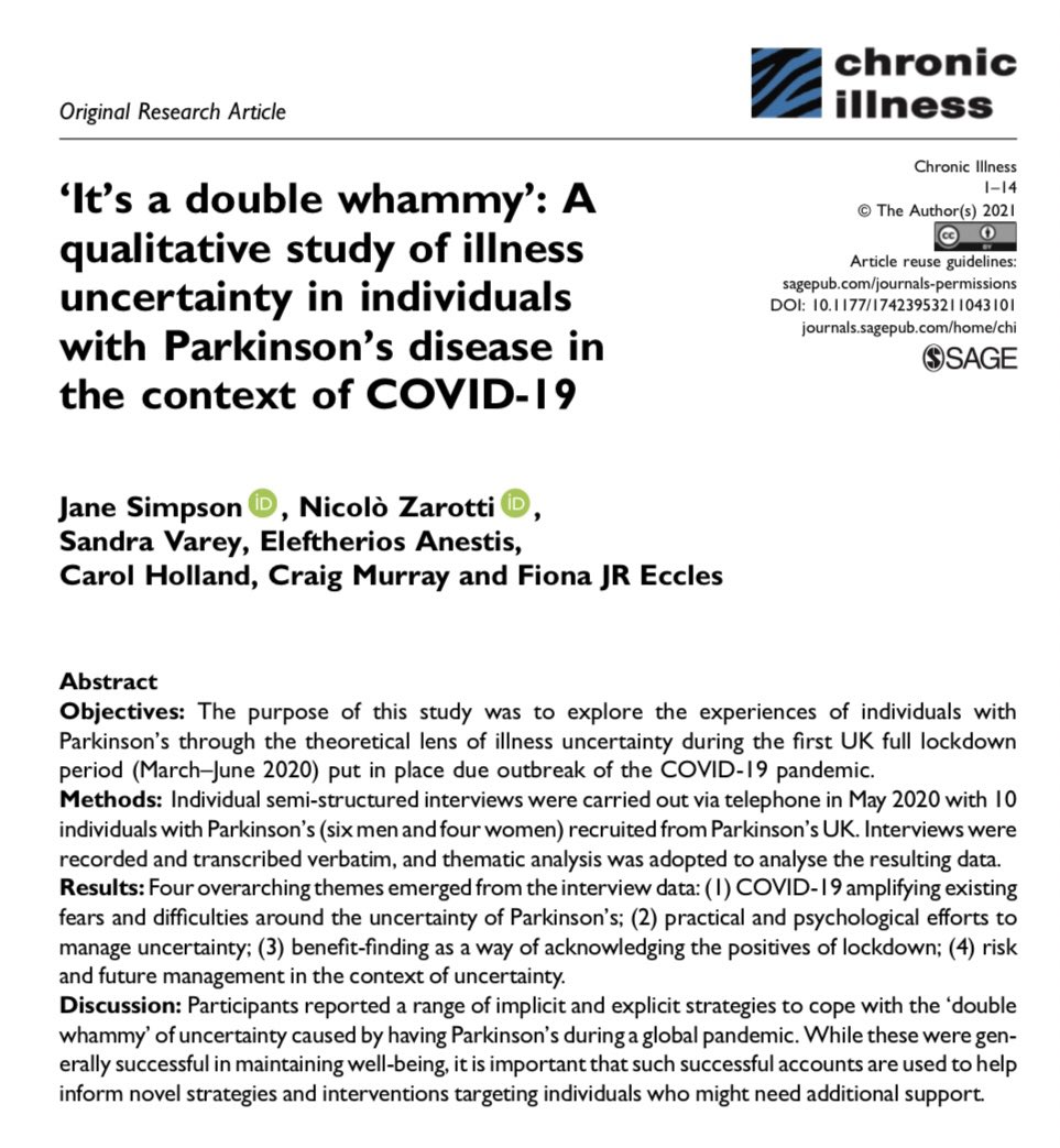 Our new article on the psychological experience of people with #Parkinsons during #COVID19 is now available in Open Access in Chronic Illness! 📝 

Read it and download it for free here: journals.com/doi/10.1177/17…

#neurotwitter <a href="/Therapists_C/">#TherapistsConnect</a> #psychtwitter #NeuropsychTwitter