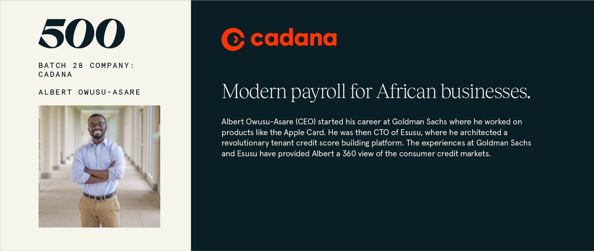 500GlobalVC's tweet image. @cadanapay is presenting now at #500DigitalDemoDay! Cadana provides modern payroll for African businesses. Tune in to learn more about their mission! #b28demoday

Watch now: bit.ly/3zbqVxz
Learn more: cadanapay.com