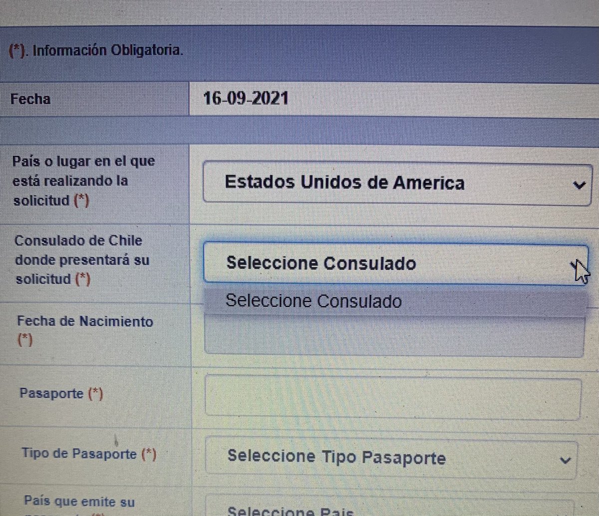 PammS_B's tweet photo. @GobiernodeChile @Minrel_Chile La página para la solicitud de visa no está funcionando, el menú de “selecciona consulado” no despliega nada y no se puede seguir con la solicitud. Por favor arreglarlo para poder hacer la solicitud 🙏🏻 queremos estar con mi familia y mi prometido no es chileno https://t.co/uzA02Yxtfu