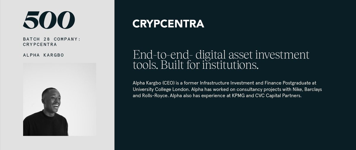 500GlobalVC's tweet image. @crypcentra is presenting now at #500DigitalDemoDay! Crypcentra builds institutional-grade data infrastructure for crypto asset stakeholders. Check out their pitch &amp;amp; read their startup spotlight! #b28demoday

Watch now: bit.ly/3zbqVxz
Learn more: bit.ly/3zg1H14