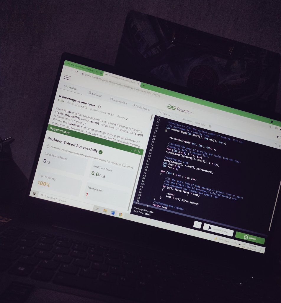 TSamaKitchen's tweet image. #Day2 of #100daysofcodewithGFG another tricky problem by @geeksforgeeks.
Although, i had to see the solution for this problem too. But i sure am learning the concepts behind.
#greedyalgo