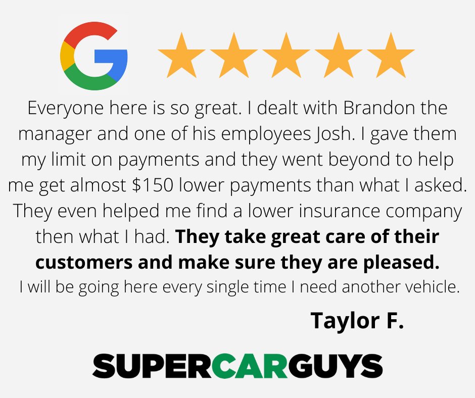 FIVE STARS! 🌟🌟🌟🌟🌟 for Brandon &amp; Josh at ROCK! 
Thanks for the love, Taylor. We're glad we could be your one-stop-shop for a nicer ride, lower payments, and better insurance. Hey, Kansas! Be like Taylor and GET IN HERE! 🏁
supercarguys.com