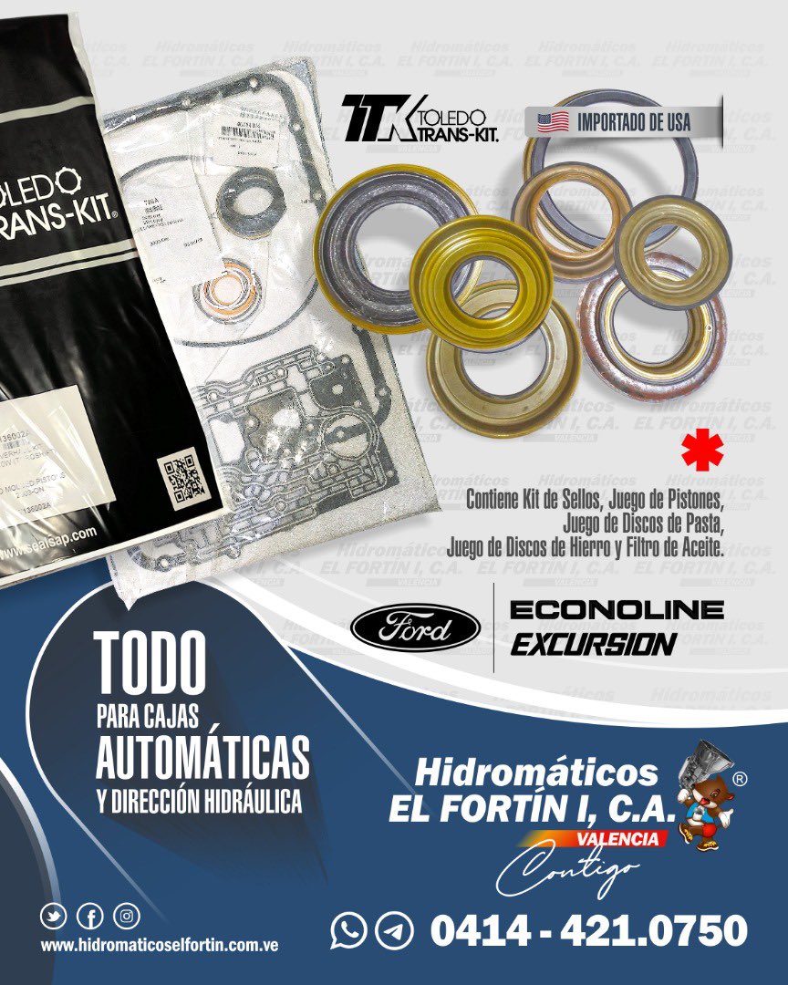 HidromaticosI's tweet photo. MÁSTER KIT CON PISTONES y Filtro de Aceite para cajas Automáticas 5R110W / Contiene Kit de Sellos marca #toledo, Juego de Pistones, Juego de Discos de Pasta - Juego de Discos de Hierro #allomatic y Filtro de Aceite / Aplica para @ford Hidromáticos El Fortín I, C.A.
¡Contigo...! https://t.co/T6S3a6lNGr