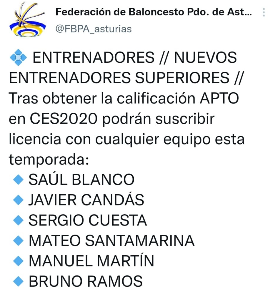 🔷 BALONCESTO
Enhorabuena Javi!!!!

Nuestro entrenador Javier Candás (<a href="/jabu_13/">Javier Candas</a>) ya tiene el apto en CES2020, todo un orgullo para nosotros

A seguir trabajando!
El club continúa apostando por los mejores formadores para crecer desde la cantera!💪