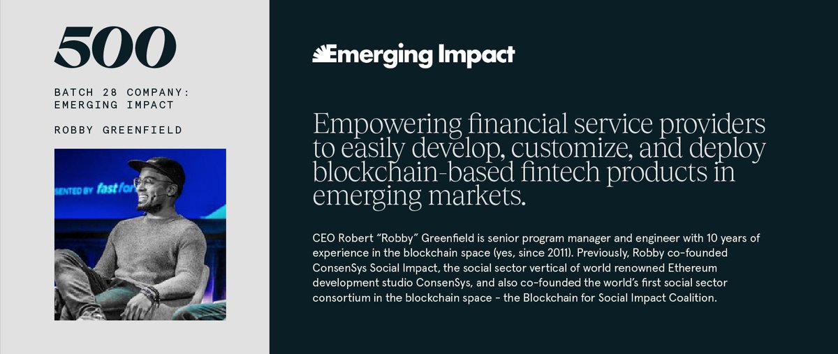500GlobalVC's tweet image. @emergingimpact_ is at #500DigitalDemoDay! Emerging Impact empowers financial service providers to easily develop, customize, and deploy blockchain-based fintech products in emerging markets. #b28demoday

Watch now: bit.ly/3zbqVxz

Learn more: bit.ly/3Ai5ufw
