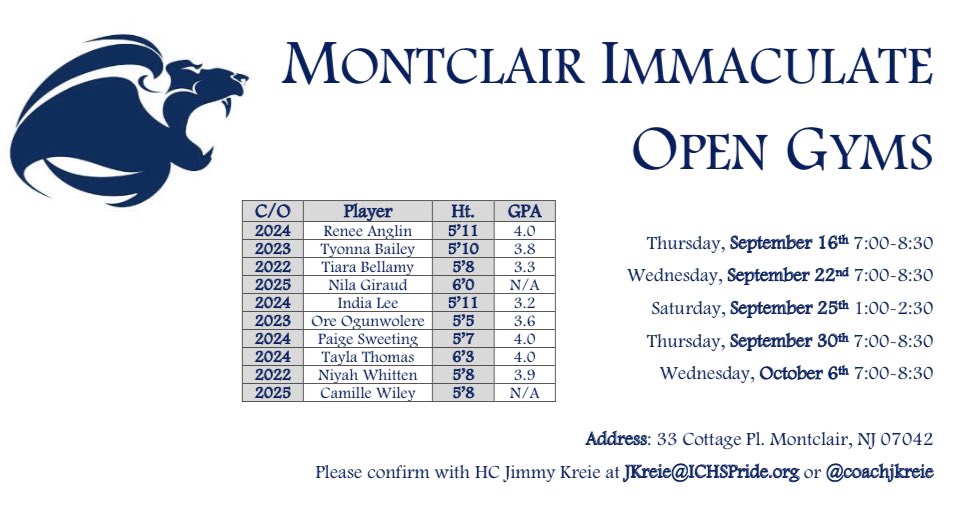 <a href="/icm_gbb/">ICHSGBB - Montclair</a> Open Gym Schedule. Starts tonight! <a href="/reneeanglin_/">Renee Anglin</a> <a href="/TyonnaBailey24/">Tyonna Bailey</a> <a href="/TiSwaaa/">Tiara Bellamy</a> <a href="/nila_giraud1/">Nila🩷</a> <a href="/young_indi2019/">India lee</a> <a href="/OreOgunwolere/">Ore Ogunwolere</a> <a href="/officialpaige_5/">Paige Sweeting 🖤🦋</a> <a href="/TaylaThomas18/">Tayla Thomas</a> <a href="/niyah3whitten0/">Niyah Whitten🖤</a> <a href="/Camille_Wiley23/">Camille “Millz” Wiley</a> <a href="/NJLadiesHoops/">NJ Ladies Hoops</a> <a href="/NYGHoops/">NYGHoops</a> <a href="/NoBoyzAllowedBB/">No Boyz Allowed</a> <a href="/NJGhoops/">NJGhoops</a> <a href="/ushoops/">Coach Rich Leary</a> <a href="/GthingBBall/">gthingbasketball</a> <a href="/najeedurant/">Stewie G.</a>