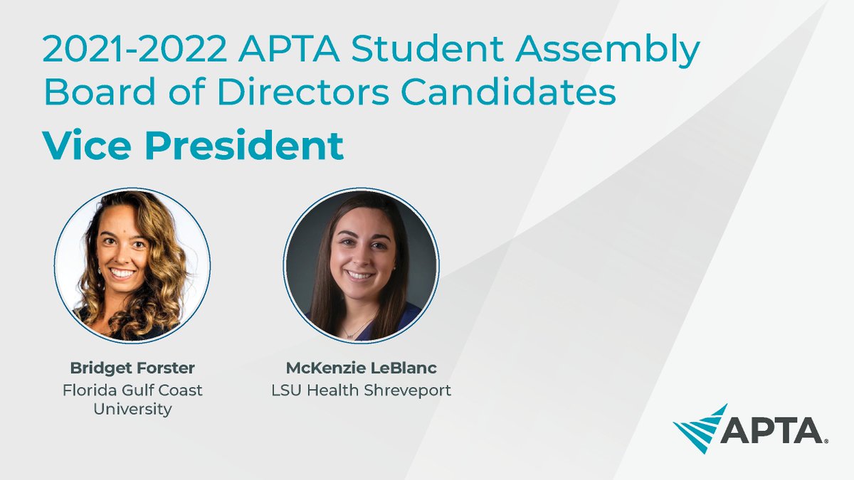 The Student Assembly Board of Directors represents all student members of APTA. 22 students are running for 9 positions on the board, and over the next month we'll introduce you to all of them.

Voting opens Oct. 7!

bit.ly/3ifevMn