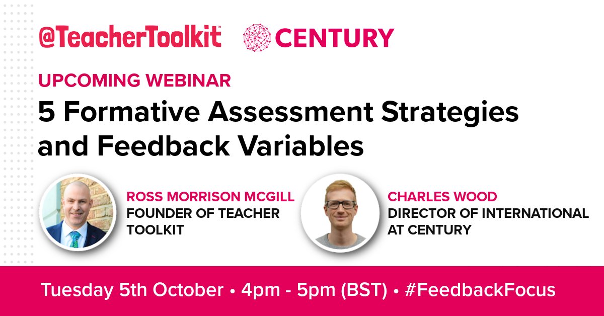 ThisIsCentury's tweet photo. Interested in exploring assessment from a workload and wellbeing perspective?
On the 5th of October, we will be joining forces with @TeacherToolkit for the free webinar '5 Formative Assessment Strategies and Feedback Variables'. #FeedbackFocus
Register: https://t.co/nNPrDBhvw1 https://t.co/VCIWDgjZJZ