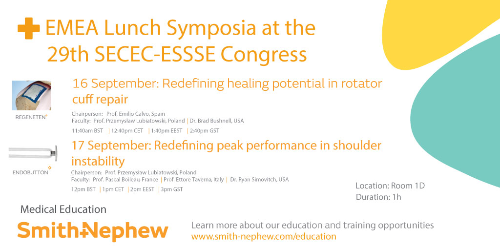 SmithNephewPLC's tweet photo. Use the SECEC-ESSSE congress to redefine your approach to complex shoulder instability.
On Sept 17, our lunch symposium will examine how solutions compare. 1pm CET, room 1D. Visit: https://t.co/t5VwIDcP9Z
And, join us Sept 16 for #rotatorcuff repair.
#SECEC #ESSSE https://t.co/PyiN0NdY0t