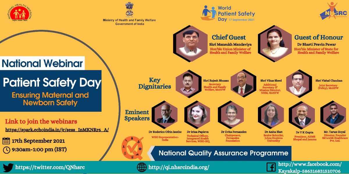 Join us on #WorldPatientSafetyDay (Friday, 17th Sep'21, 09:30 am onwards), Hon’ble HFM Shri Mansukh Mandaviya and Hon’ble MOS, Dr Bharti Pravin Pawar, will grace the occasion. 
Link to Join:  spark.echoindia.in/jr/sess_InMKNR…