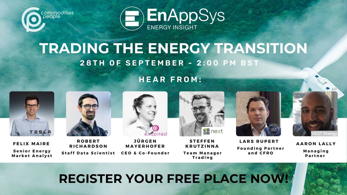 MontelAnalytics's tweet photo. Trading the Energy Transition webinar!!

Hear from speakers representing @Tesla, Enspired Trading, Giga Storage, @Next_Kraftwerke, @the_vpp , VEST Energy and EnAppSys as they share their expertise.

Register your free place here: 
https://t.co/NLhiPEHlzo https://t.co/b4e2NUimTn