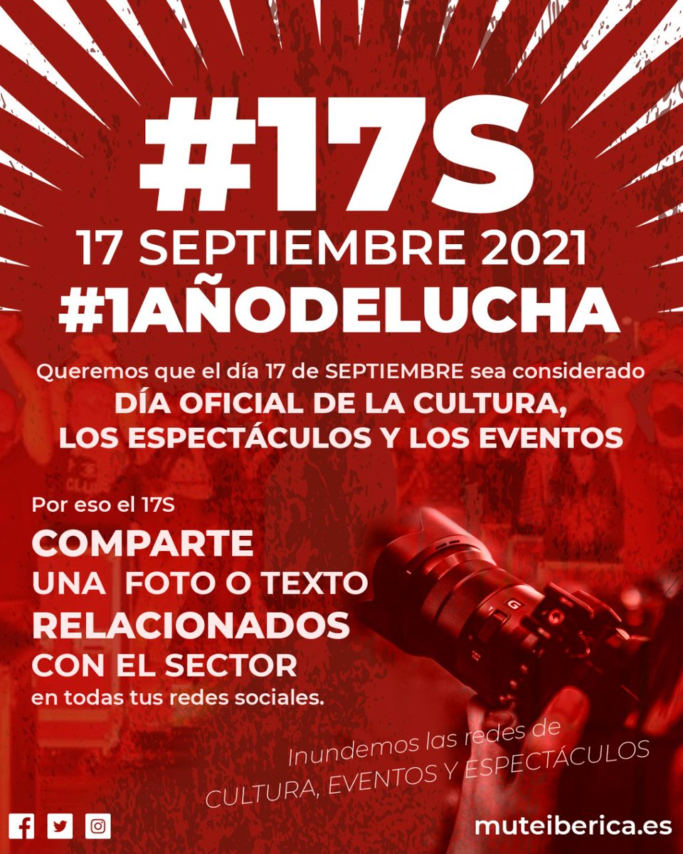 ❗ Queremos que el 17 de SEPTIEMBRE sea Día Oficial de la CULTURA, los ESPECTÁCULOS y los EVENTOS.
📷 Por eso el 17S comparte en tus RRSS una foto o texto relacionados con el sector para que se vea que es imprescindible en nuestras vidas.
✊🏻 ¡Contamos contigo!

#17S #1AñoDeLucha