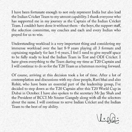 allrounderkaif's tweet photo. JUST IN - Virat Kohli @imVkohli to step down as Indian T20 captain after the #T20WorldCup @BCCI @ICC @cricketaakash https://t.co/MgxyHt9iJ7