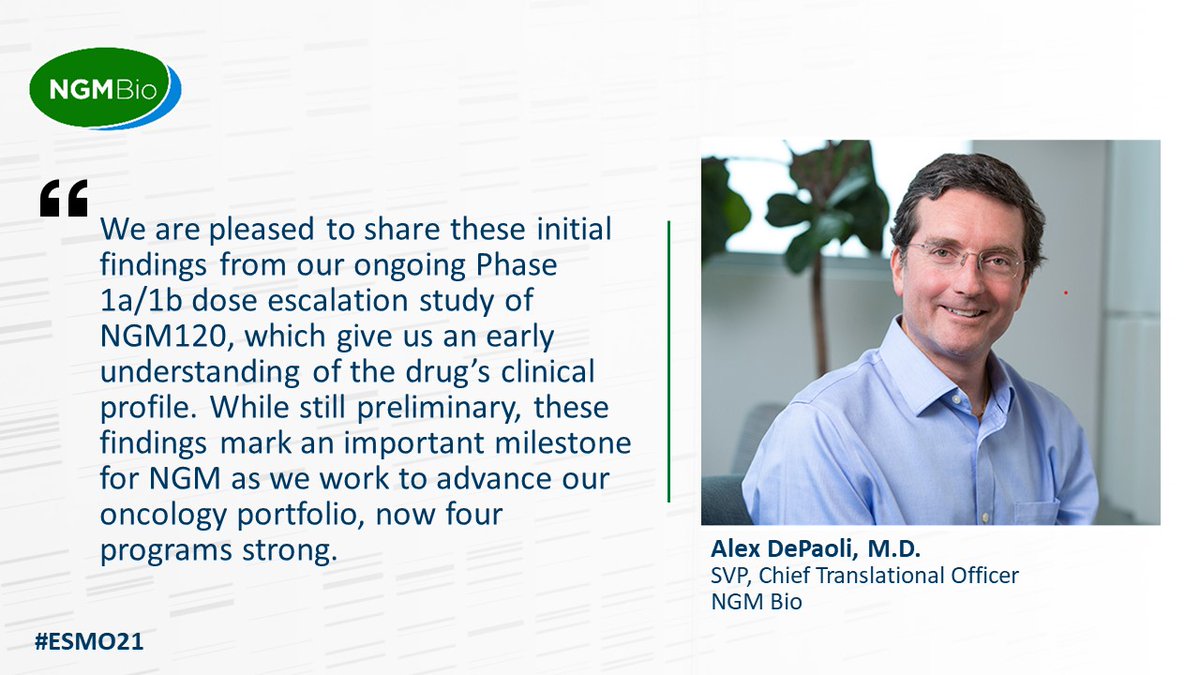 We're pleased to present preliminary findings today at #ESMO21 from our ongoing Phase 1a/1b dose escalation study of NGM120 in patients with advanced #solidtumors. Read release: bit.ly/2YThKFm