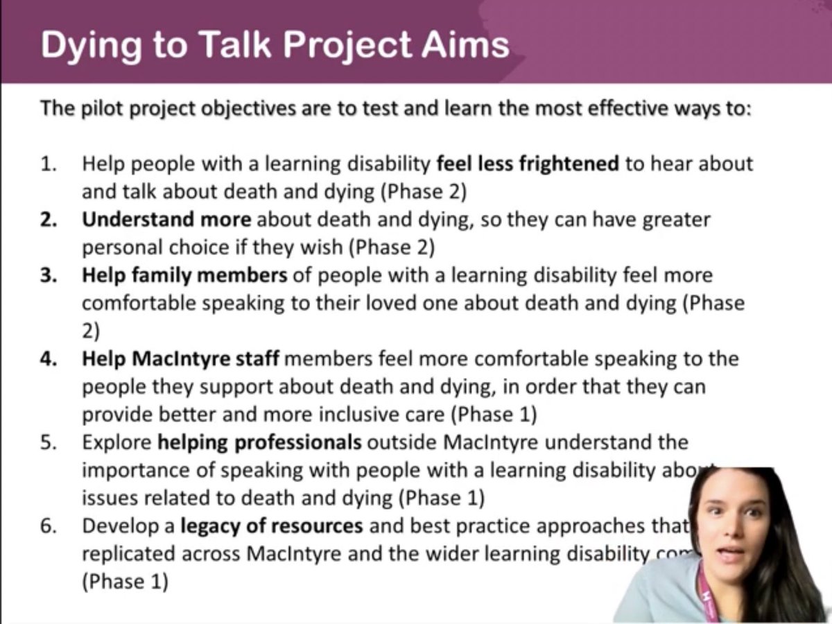 PCPLDnetwork's tweet photo. There are six overarching aims of the Dying to Talk Project. The project is supported by external consultants and will help people that MacIntyre support, staff, circles of support and the wider community.

@_sarahswindells #PCPLD #PCPLD21 https://t.co/l64HAvOB8E