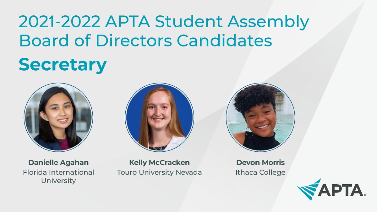 The Student Assembly Board of Directors represents all student members of APTA. 22 students are running for 9 positions on the board, and over the next month we'll introduce you to all of them.

Voting opens Oct. 7!

bit.ly/3ifevMn