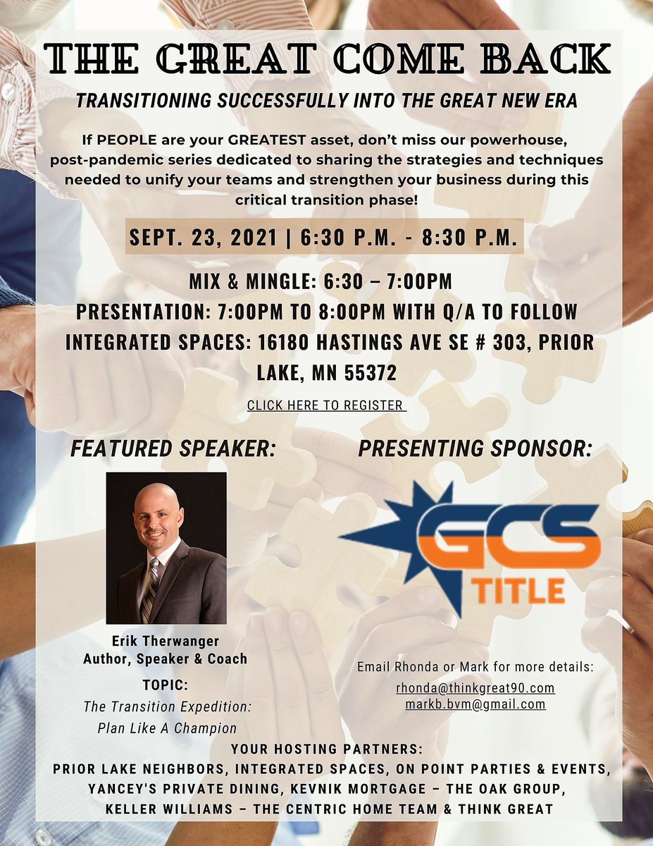 We are excited about our next GREAT COME BACK event! We hope you can join us! Register here: bit.ly/3EicL1n