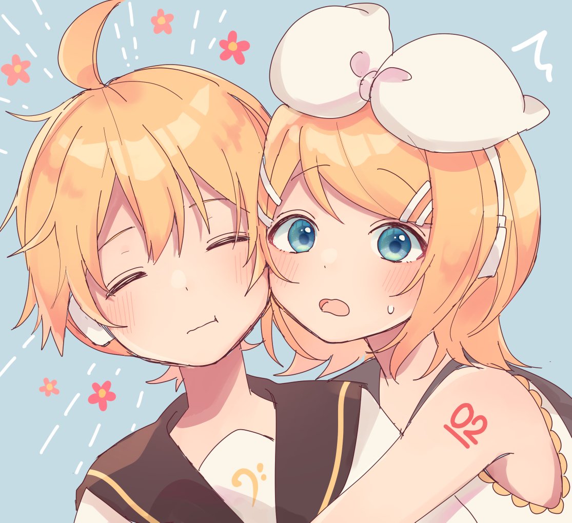 kagamine len ,kagamine rin 1girl 1boy blonde hair tattoo sailor collar shoulder tattoo hair bow  illustration images