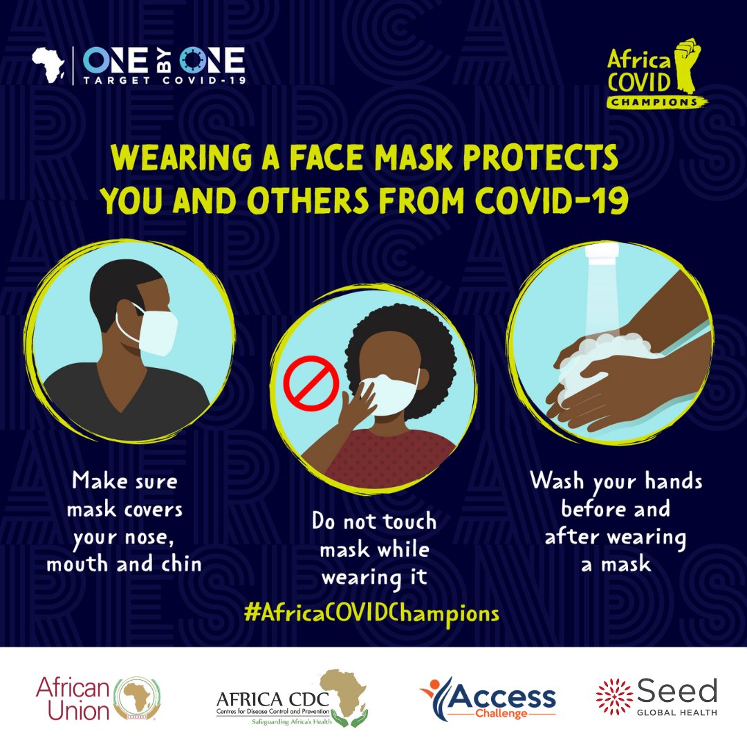 Wear your mask properly and ensure that it covers your nose, mouth and chin. Continue following all COVID-19 SOPs and get vaccinated to protect yourself and loved ones from this deadly disease. #AfricaCOVIDChampions