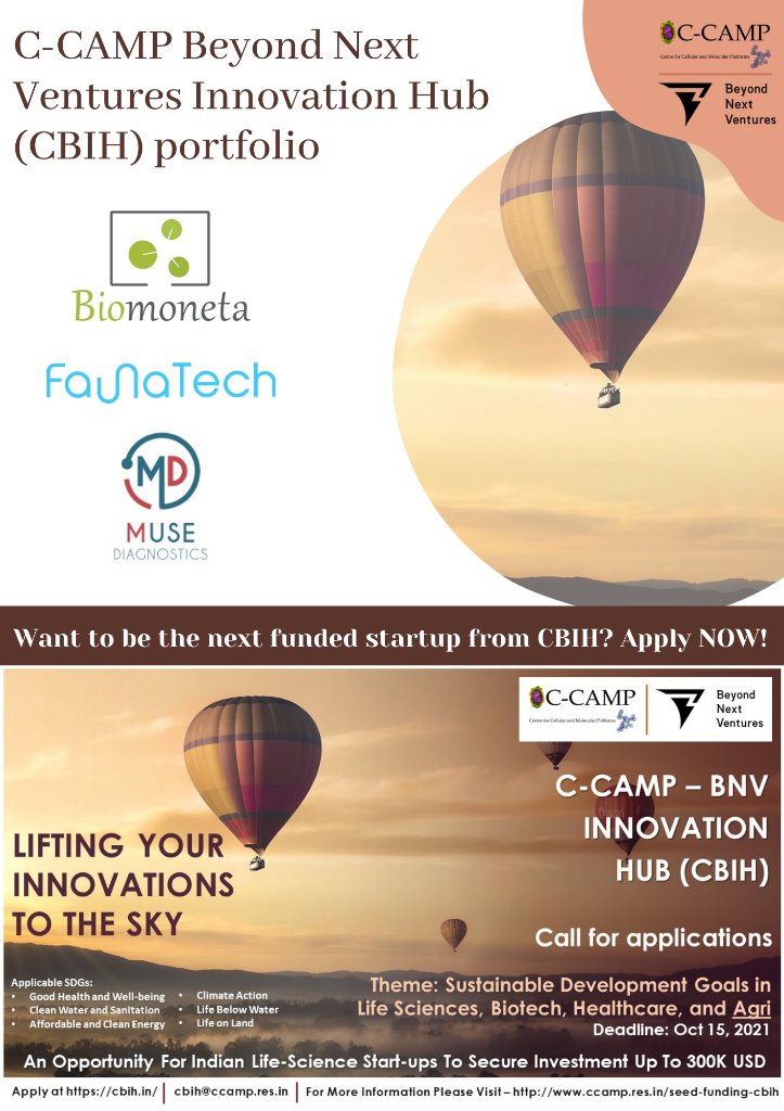CCAMP_India's tweet photo. CCAMP @BeyondNextV Innovation Hub #CBIH has some stellar innovations from India in industrial biotech- @biomoneta, #animalhealth- #Faunatech & #digitalhealth- @taalbymuse
A startup working to meet SDGS in
LifeSciences, Biotech, Healthcare, Agri?
Apply 🔗https://t.co/wrv0CmwHVw https://t.co/4oqzuTWkZa