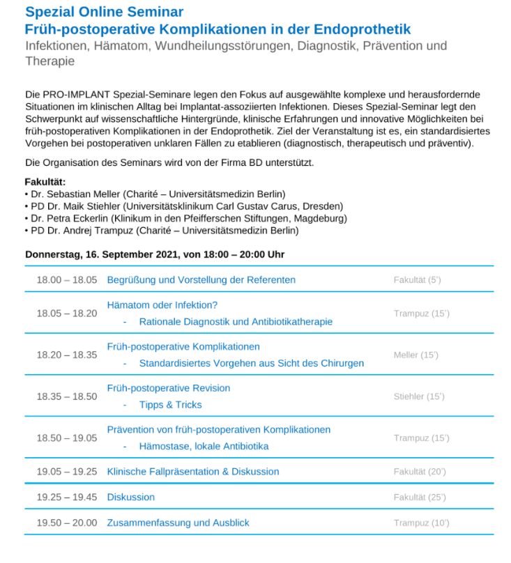 ProImplant's tweet photo. Heute Abend um 18:00 Uhr startet unser Spezial #OnlineSeminar zu früh-#postoperativen #Komplikationen in der #Endoprothetik. Link zur Registrierung (#kostenlos): https://t.co/b8kSGNBRzm

Für deutschsprachige Teilnehmer*innen. https://t.co/ju1gy3ECt5