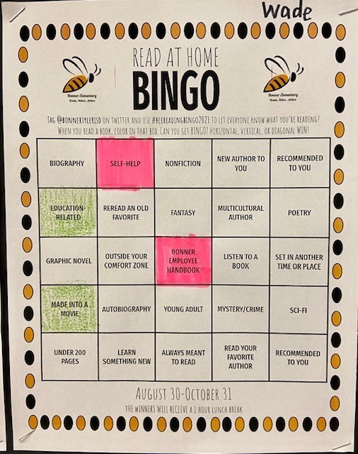 BonnerTylerISD's tweet photo. #BeeReadingBingo2021 is still happening! Mrs. Wade, our dyslexia teacher, is working hard on her reading challenge. Thank you for modeling that reading for enjoyment is not just a school event! #BonnerBees #BeesRead 🐝📚 #TylerISDLibraries https://t.co/cVaFuvTfqB
