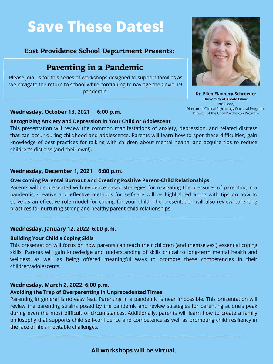TCYwellness's tweet image. EPSD parents &amp;amp; families, save these dates! We are pleased to be partnering w/ Dr. Ellen Flannery-Schroeder to offer this Parenting in a Pandemic Workshop Series. Info with the webinar link for each session will be forthcoming. Mark your calendars! @KathrynCrowle12 @LeslieA626