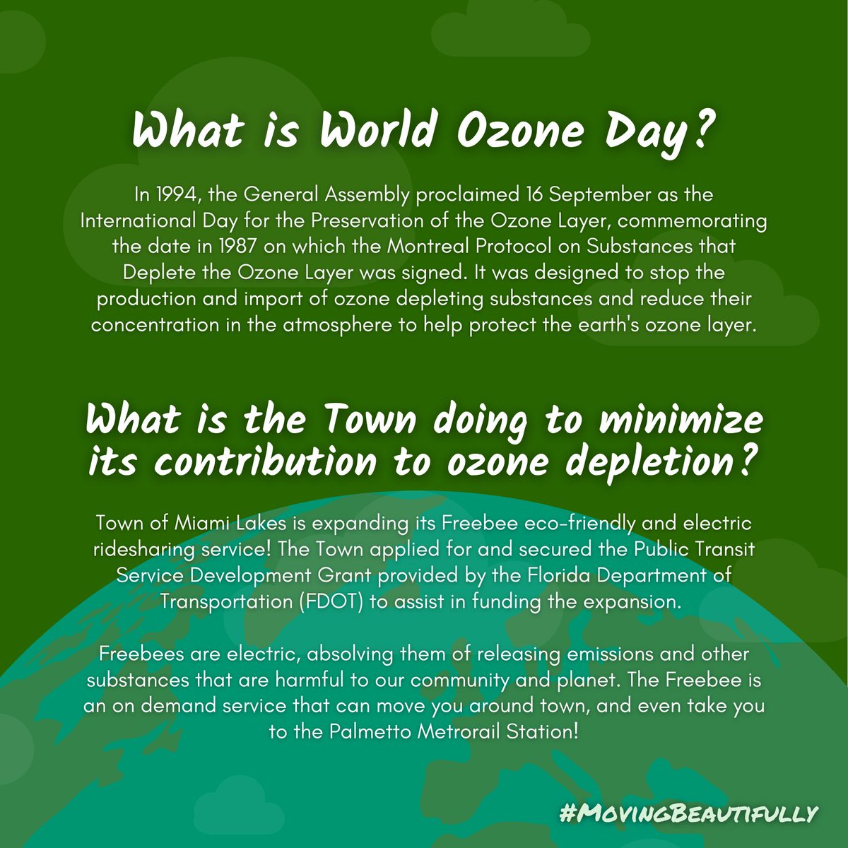 MiamiLakesNews's tweet image. #2021WorldOzoneDay Join us in celebrating World Ozone Day!🌳 The Town is proud to be a rain drop in the ocean of municipalities working towards a greener tomorrow. Swipe to learn more about the day and #MoveBeautifully !🌍