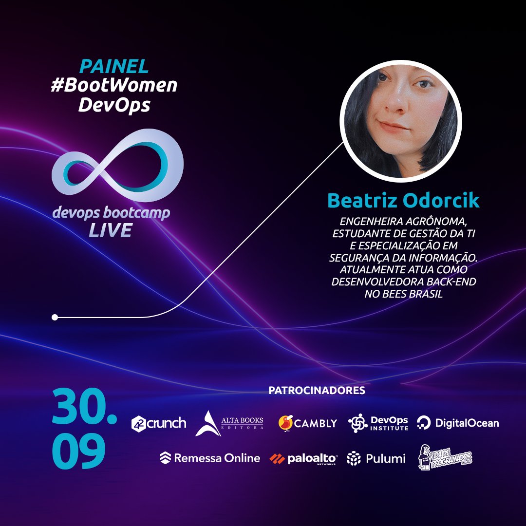 bootcamp_devops's tweet image. Bora para mais uma apresentação estrelar 🌠
#BootWomenDevOps

Beatriz Odorcik, é engenheira agrônoma, estudante de gestão da TI e especialização em segurança da informação. Atualmente atua como desenvolvedora back-end na BEES Brasil

Inscrições: lnkd.in/ejMdGFF
#devops