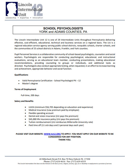 EU_SchoolPsych's tweet photo. We wanted to pass along a job opportunity in New Oxford, PA! Questions can be sent to epsteinour@iu12.org. https://t.co/MIAU80sofC
