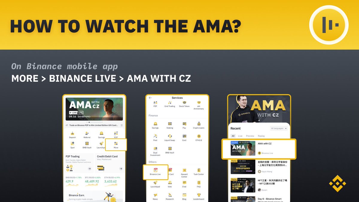 We're going live with <a href="/cz_binance/">CZ 🔶 BNB</a> on #Binance Live in 2 minutes. Here's how to tune in. 

Get the App➡️ bit.ly/BinanceAppHere