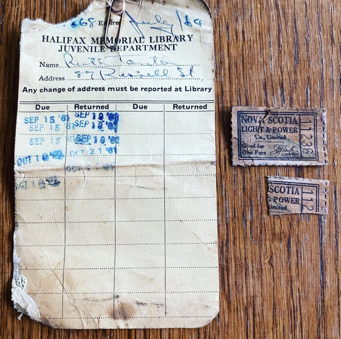 hfxpublib's tweet photo. Erin and her girlfriend are renovating their home, and a torn-down wall revealed some treasures—including a card from “Ruth’s” 1961 Library borrowing. #HalifaxHistory #HalifaxNorth https://t.co/ermBmmX2nS