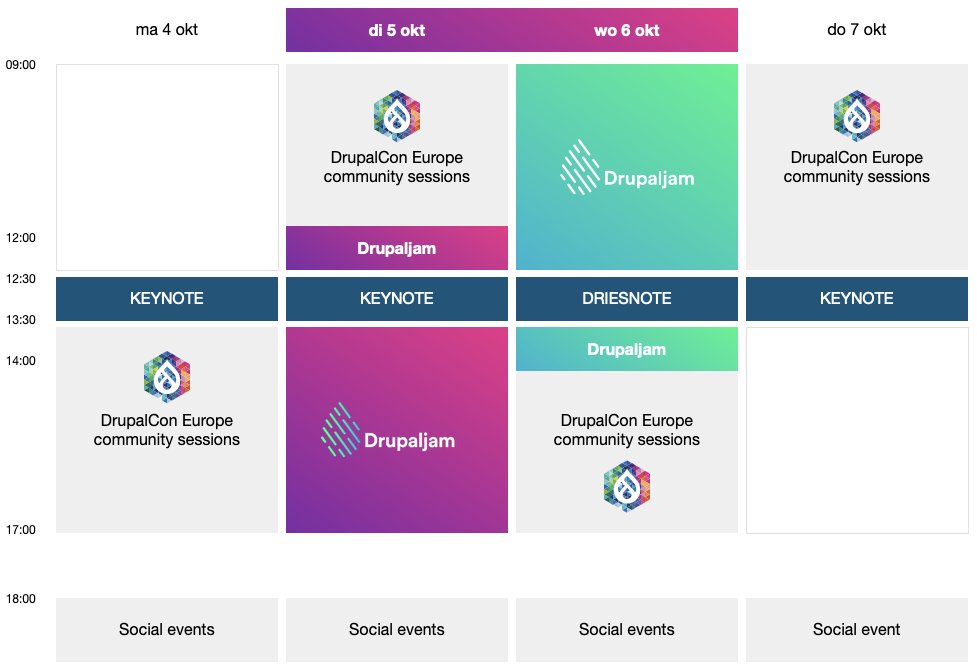 Drupaljam zal di 5 oktober in de middag en woe 6 oktober in de ochtend plaatsvinden tijdens DrupalCon Europe. Daarnaast heb je toegang tot alle sessies, social events, BoF's, keynotes én chatten met oude en nieuw bekenden🤩 

#Drupaljam #Drupalnl #DrupalConEur #Drupal20jaar