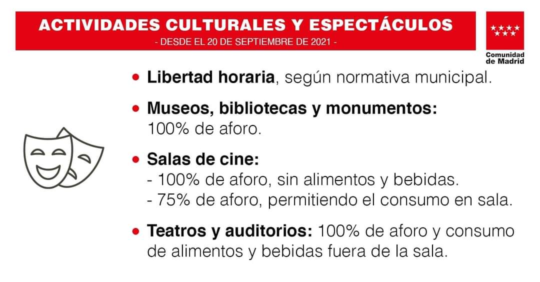 NUEVAS MEDIDAS COMUNIDAD DE MADRID 👉Estas son las #NuevasMedidas de la Comunidad de Madrid para establecimientos de hostelería, ocio nocturno, actividades culturales y espectáculos que entrarán en vigor el 20 de septiembre ⬇⬇