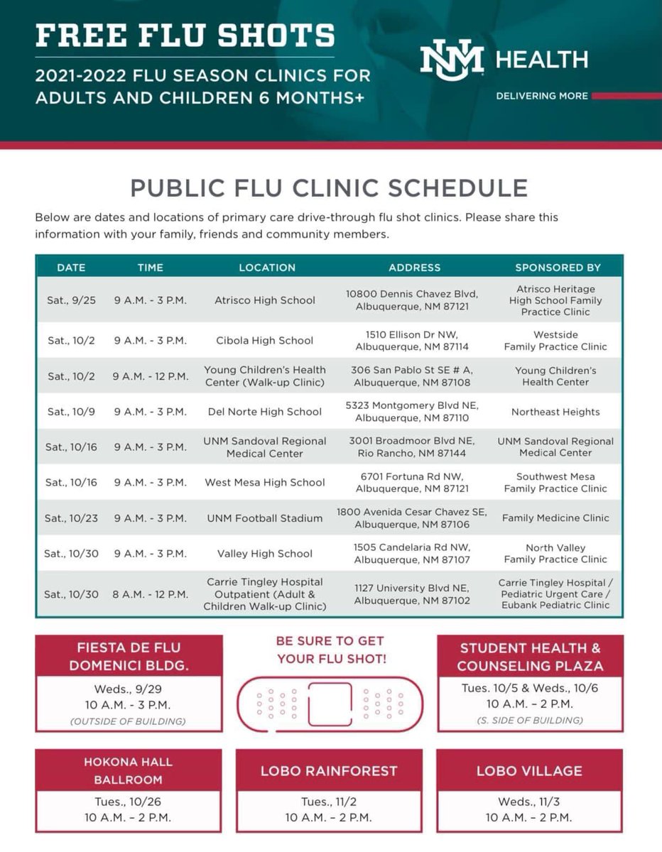 UNM’s free flu shots for this Fall season! Come get vaccinated at any of these sites and protect those around you.  bit.ly/3ltpC8f