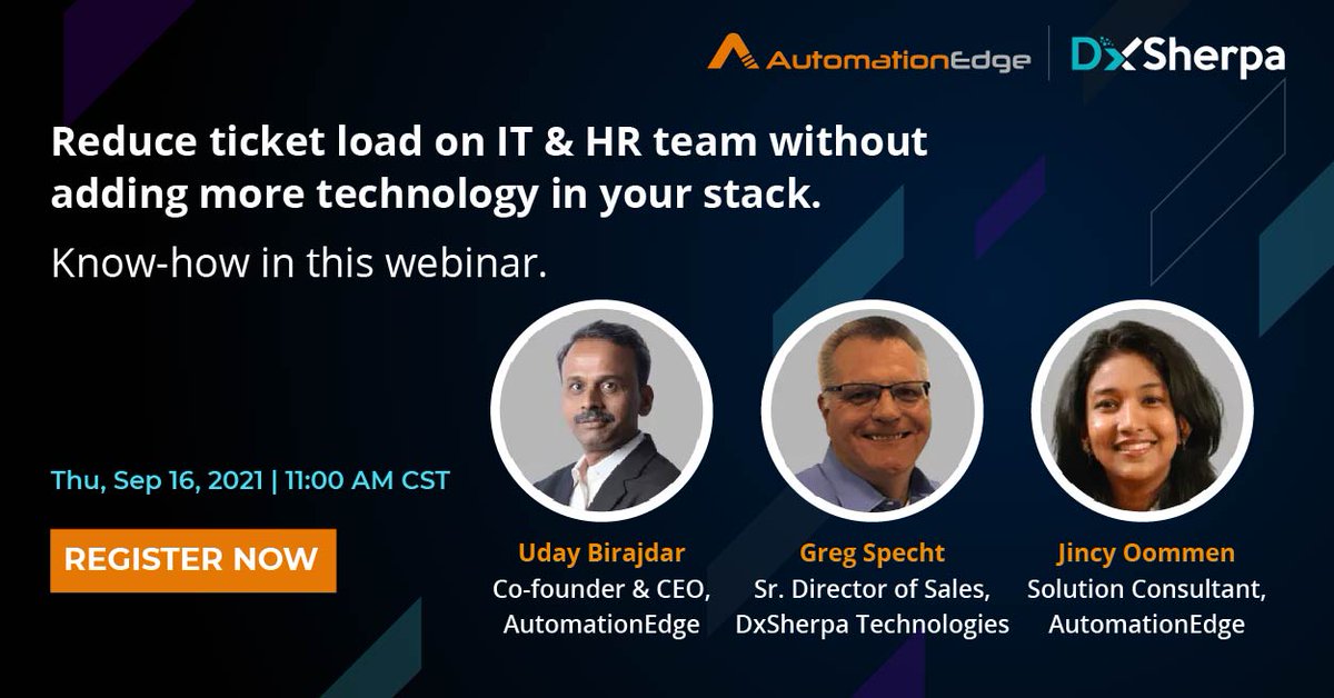 AutomationEdge's tweet image. Don’t miss out on this golden chance to know the secrets of building a digital workforce from the industry experts.

REGISTER NOW: bit.ly/3gCw7UI

#ITAutomation #HRAutomation #Servicedeskautomation #intelligentautomation #Hyperautomation #Automationedge #Dxsherpa
