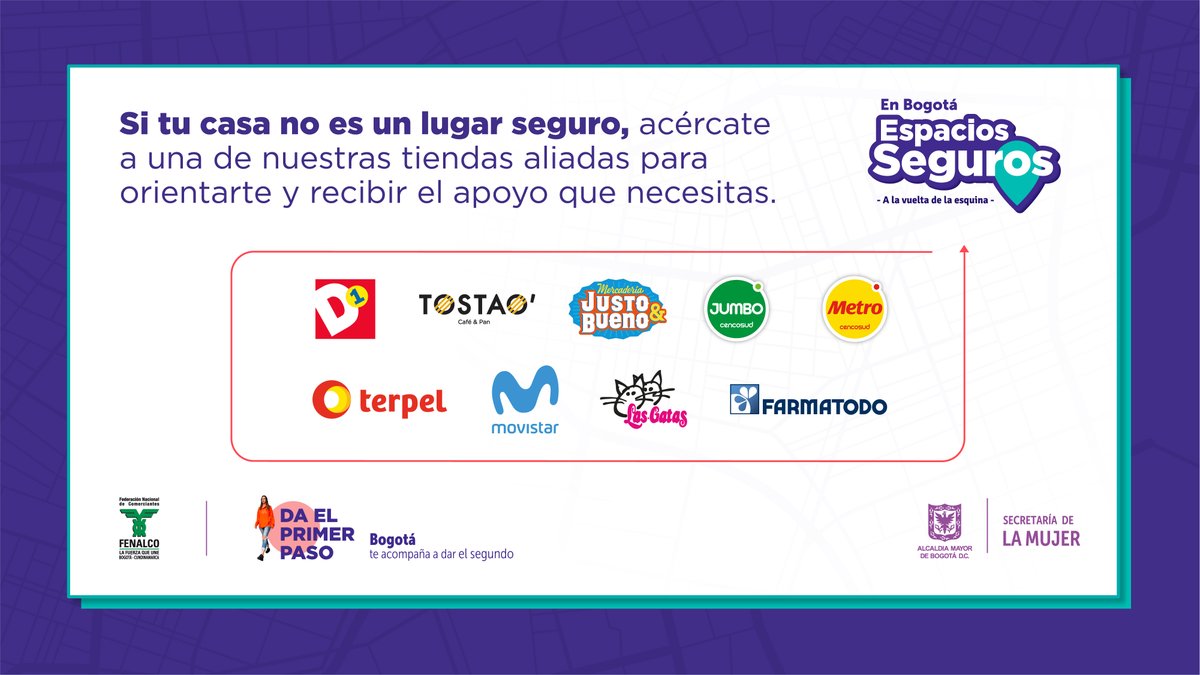 Bogota's tweet photo. 🏬 #EspaciosSeguros Con apoyo de @FenalcoBogota, nuevos aliados se suman para que mujeres víctimas de violencias en su hogar reciban información y busquen contacto con @secredistmujer. Gracias, @TiendasJumboCo, Metro, @MovistarCo y Las Gatas, por unirse a esta iniciativa. https://t.co/3RMywP6R7L