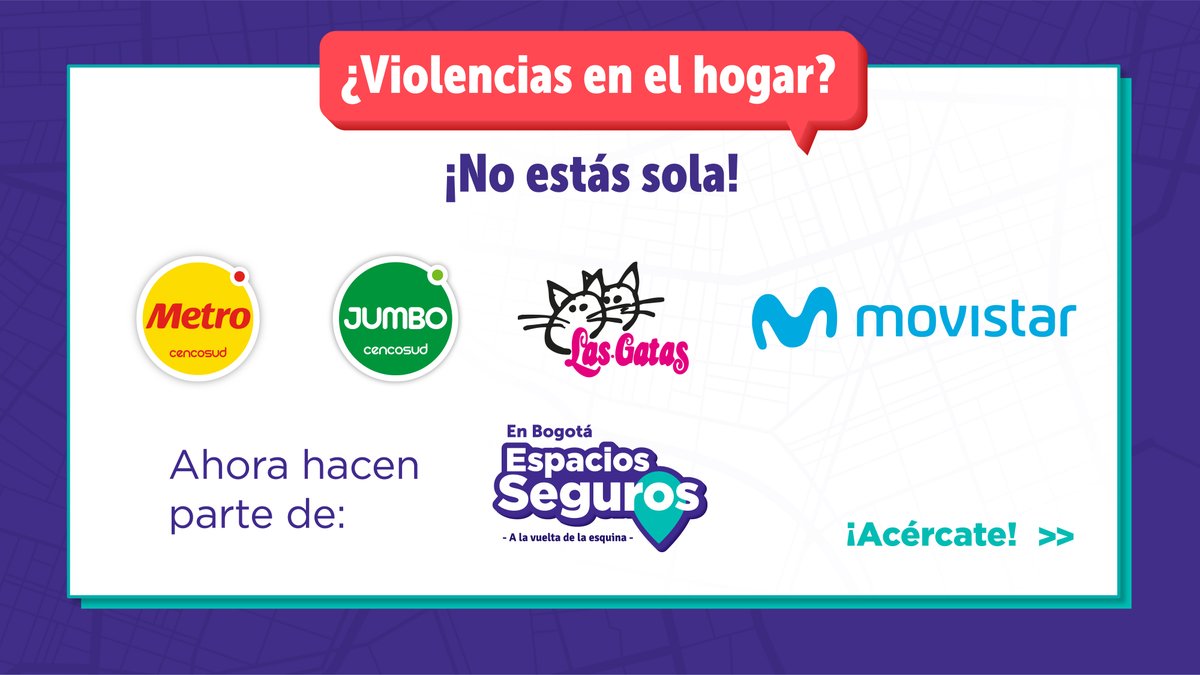 Bogota's tweet photo. 🏬 #EspaciosSeguros Con apoyo de @FenalcoBogota, nuevos aliados se suman para que mujeres víctimas de violencias en su hogar reciban información y busquen contacto con @secredistmujer. Gracias, @TiendasJumboCo, Metro, @MovistarCo y Las Gatas, por unirse a esta iniciativa. https://t.co/3RMywP6R7L