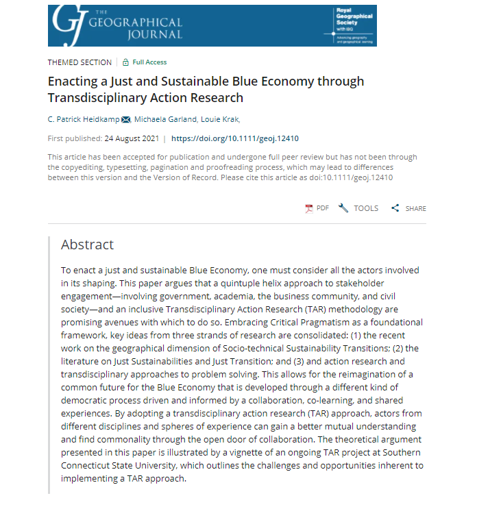 New in the The Geographical Journal: 'Enacting a Just and #Sustainable Blue #Economy through Transdisciplinary Action Research.' By <a href="/PatrickHeidkamp/">PatricksPoint 🏴‍☠️🏄‍♂️🚵‍♂️🧘‍♂️</a>, <a href="/michaelagarland/">Michaela Garland</a> and Louie Krak (<a href="/UConn/">UConn</a> <a href="/_IJSBERG_/">IJSBERG</a> and <a href="/SCSU/">Southern Connecticut State University 🦉</a>) orlo.uk/T7WEo