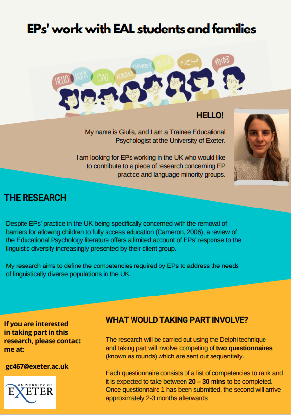 ~Calling for EPs interested in improving EP practice with language minority groups in the U.K.~

Find out more in the poster below and click here to participate: exeterssis.eu.qualtrics.com/jfe/form/SV_ez…

Also, please RT and share, thank you <3 #twitterEP #edutwitter