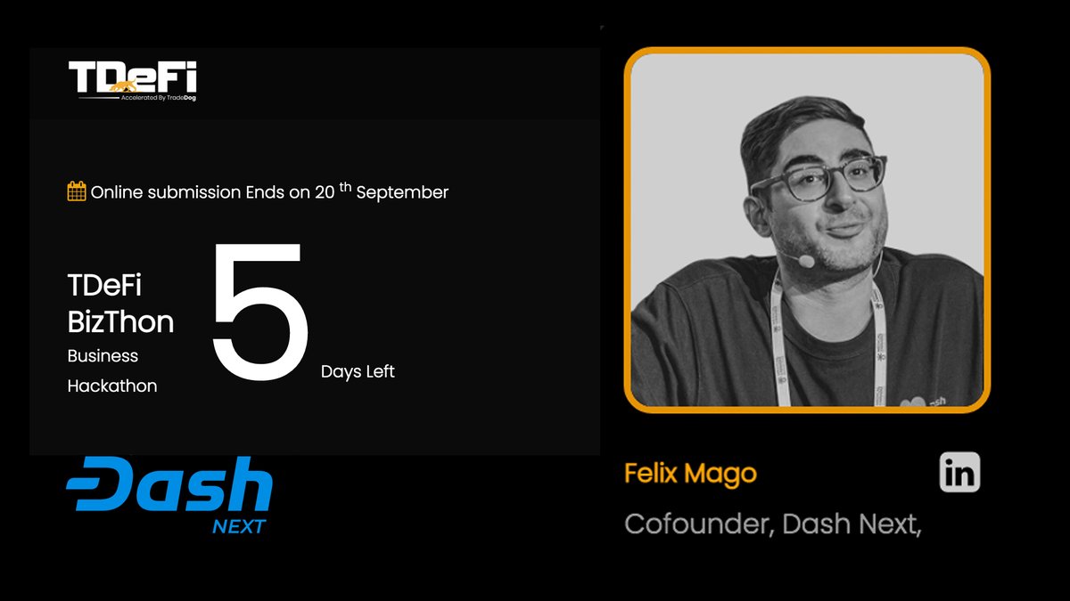 dashphp's tweet image. 5 days to go till Felix Mago will do a 45minute mentor session as official Dash representative at the TDefi Business Hackathon.
Date: 21 September, 12.30 UTC. Register and read more at the link below:
tde.fi/bizthon/