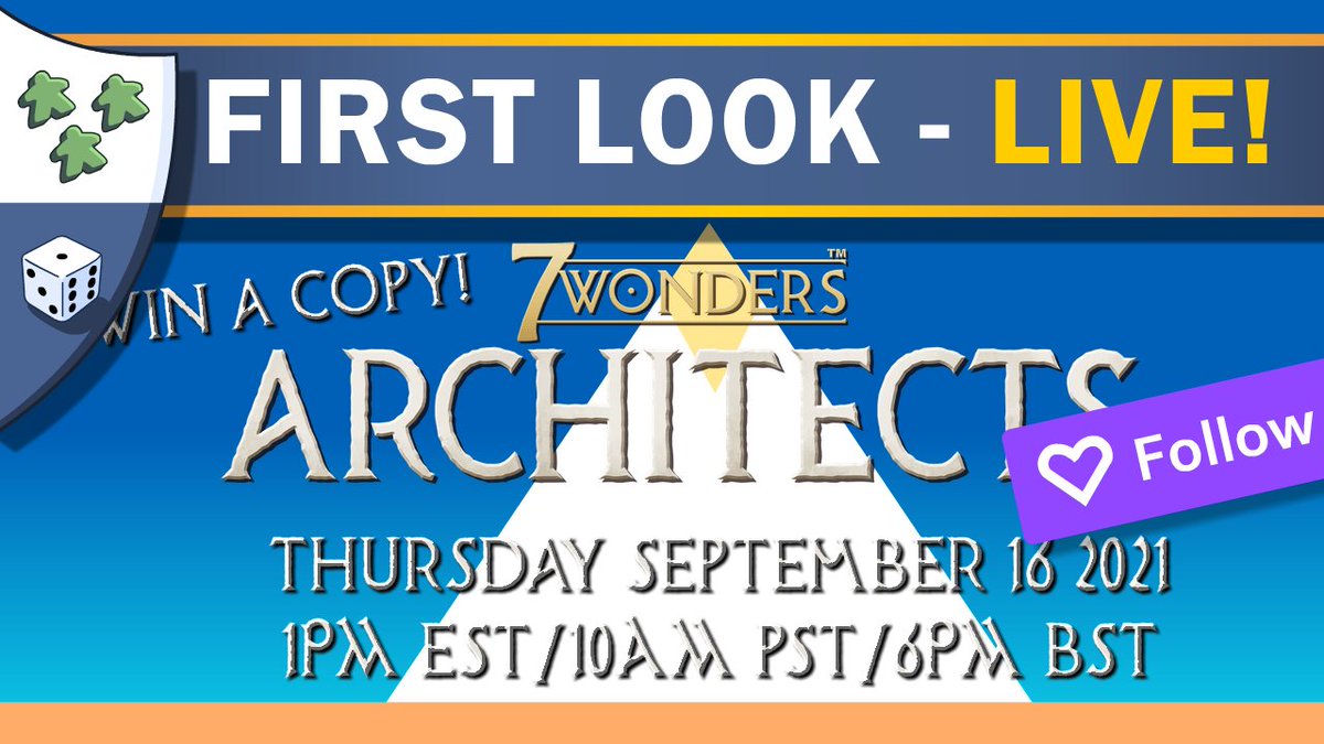 GenCan't has officially begun! Later today, join me for a first look at the brand new 7 Wonders Architects.

And then enter to win a copy!

twitch.tv/nightsaroundat… 

Check #giveaway rules on our website nightsaroundatable.com

#gencon #gen_con #gencon2021 <a href="/Asmodee_Canada/">Asmodee Canada</a>