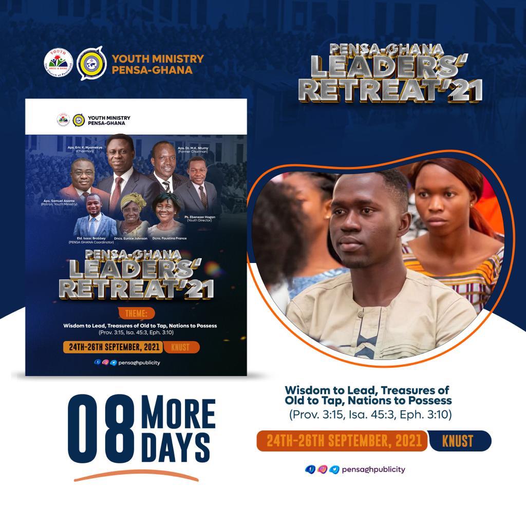 pensaghana1's tweet photo. PENSA-GHANA LEADERS’ RETREAT 

0️⃣8️⃣ MORE  DAYS TO GO

🏛️KNUST
📅 Friday 24th September-Sunday 26th September 2021

#PGLR21

©️ Pensaghanapublicity https://t.co/O5mHhgK1ru