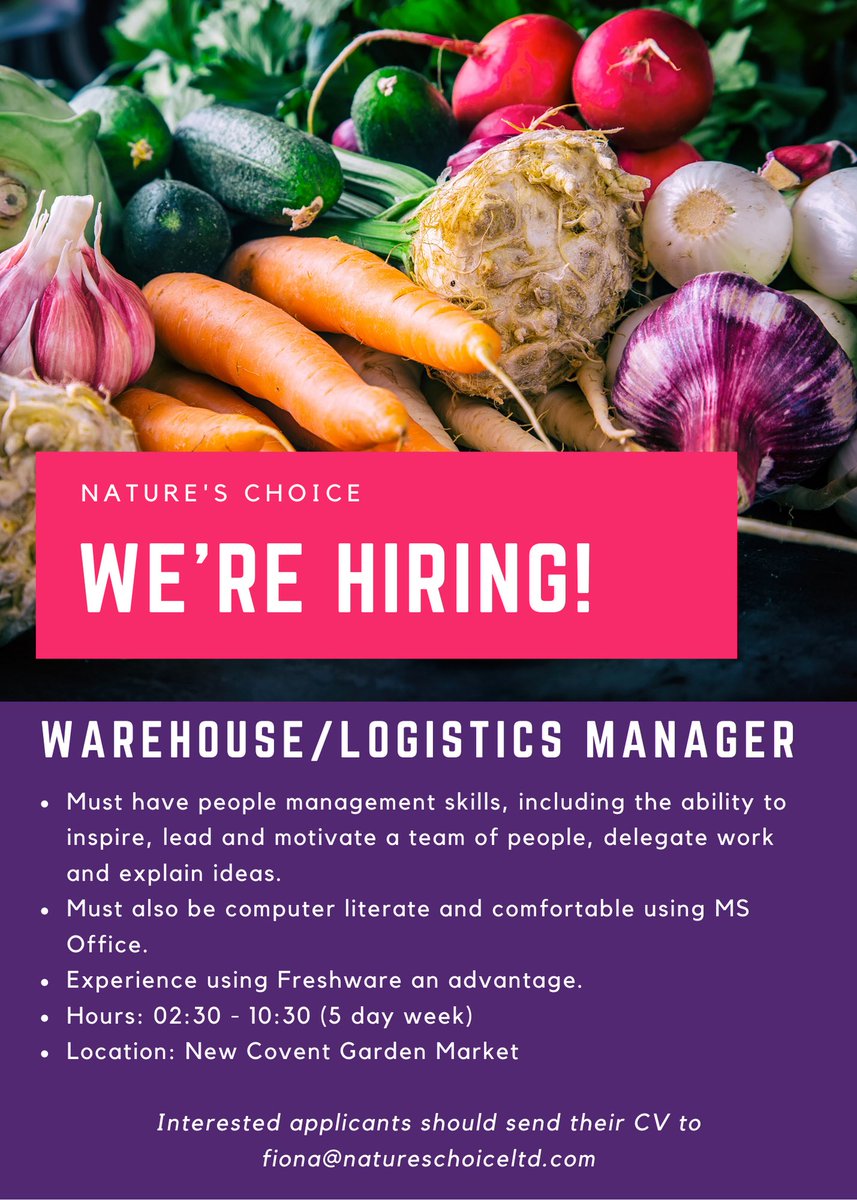 WE ARE HIRING! 💫

We have an exciting opportunity for a Warehouse/Logistics Manager to join our @natureschoicelondon Team.

Interested applicants should send their CV to fiona@natureschoiceltd.com

WE HOPE TO HEAR FROM YOU!

#Hiring #HIRINGNOW #HiringAlert